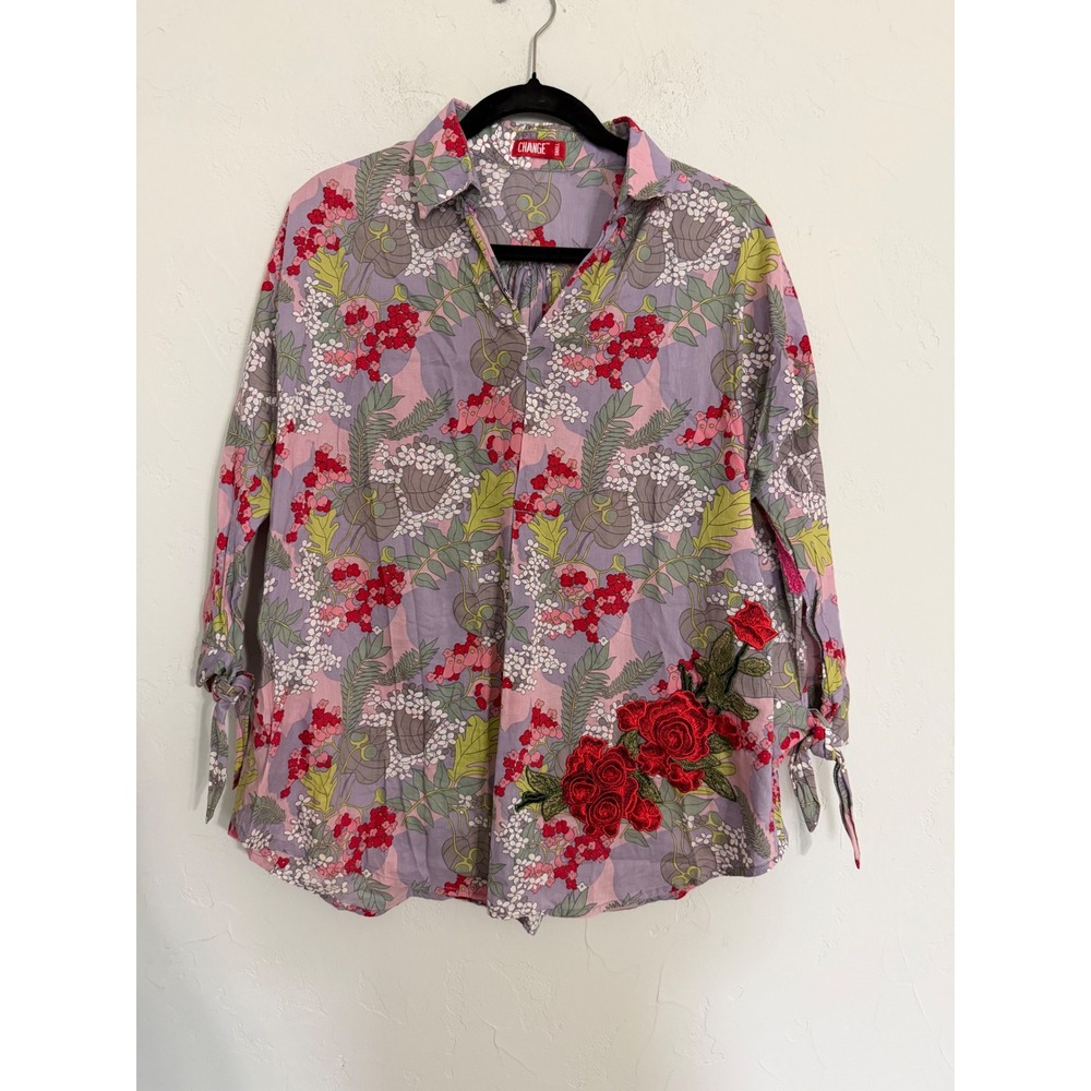 Change Womens Purple Floral Embroidered Rose Button Down Shirt Tie Cuff Small